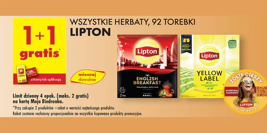 Biedronka: 1+1 GRATIS na wszystkie herbaty Lipton, 92 torebki 03.06.2025