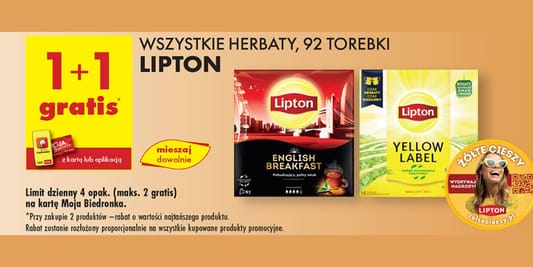 Biedronka: 1+1 GRATIS na wszystkie herbaty Lipton, 92 torebki 03.06.2025