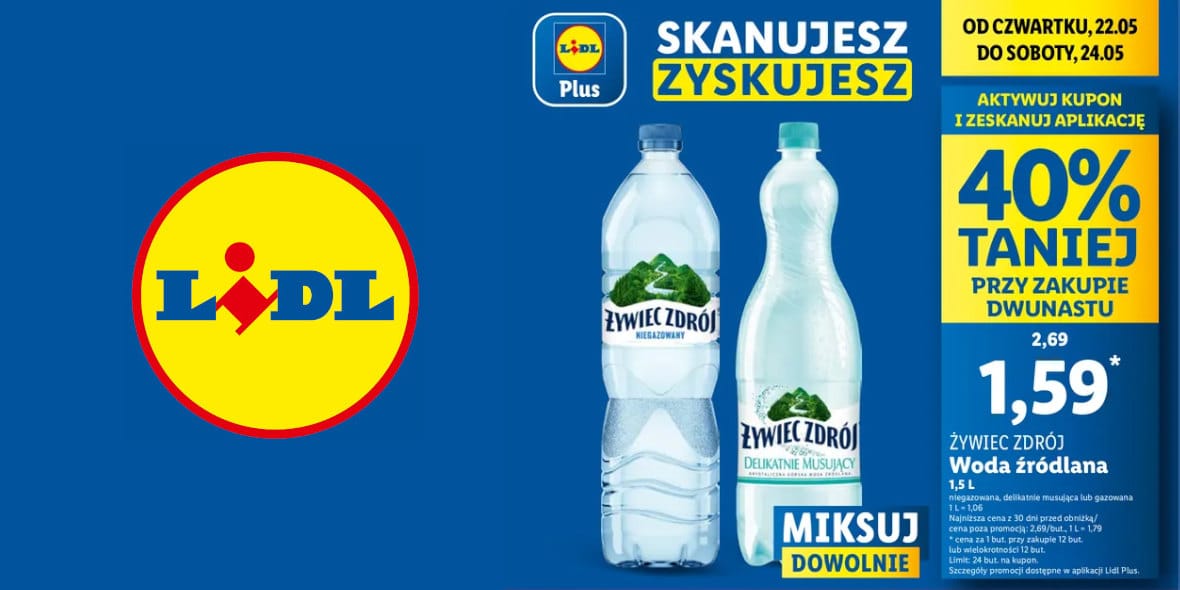 Lidl: KUPON -40% na wodę źródlaną 22.05.2025