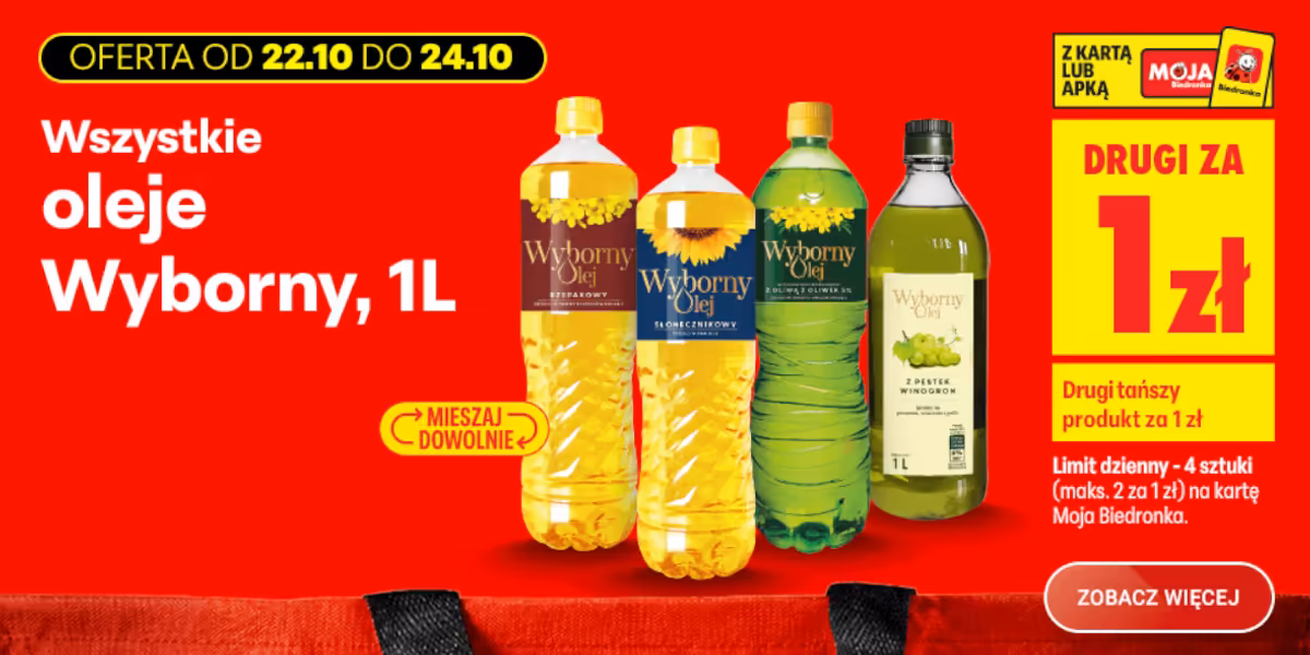 Biedronka: 1 zł za olej Wyborny, 1L - drugi tańszy produkt