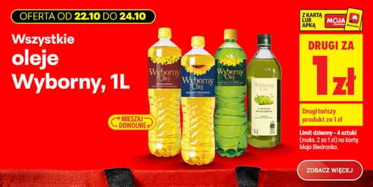 Biedronka: 1 zł za olej Wyborny, 1L - drugi tańszy produkt 22.10.2026
