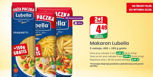 Dino: 2+1 GRATIS na makaron Lubella 16.09.2026