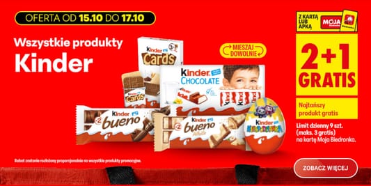 Biedronka: 2+1 GRATIS na wszystkie produkty Kinder 15.10.2026