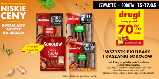 Biedronka: -70% na wszystkie kiełbasy  i kaszanki Sokołów 15.05.2025