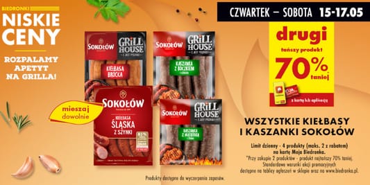 Biedronka: -70% na wszystkie kiełbasy  i kaszanki Sokołów 15.05.2025