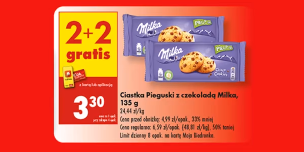 Biedronka: 2+2 GRATIS na ciastka Pieguski z czekoladą Milka