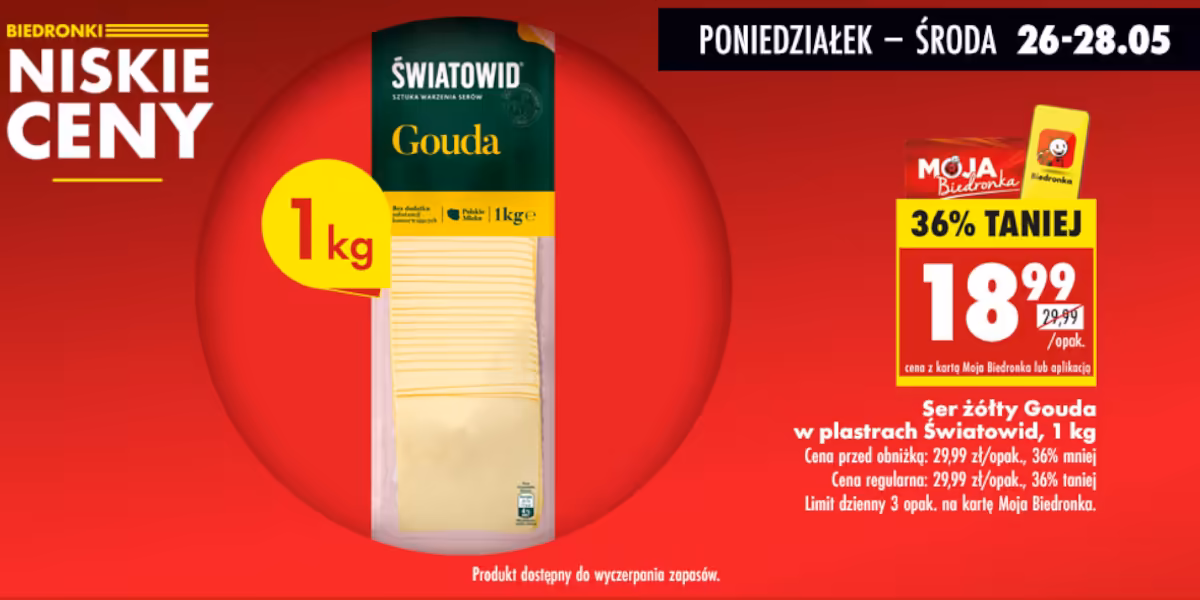 Biedronka: -36% na ser żółty Gouda w plastrach Światowid, 1 kg
