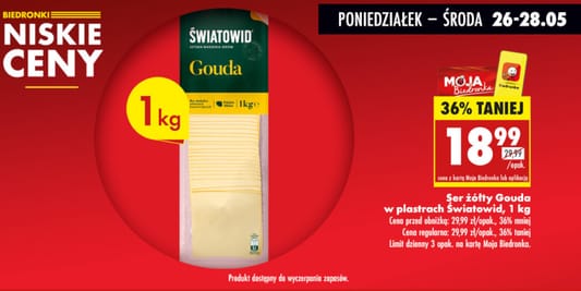 Biedronka: -36% na ser żółty Gouda w plastrach Światowid, 1 kg 26.05.2025