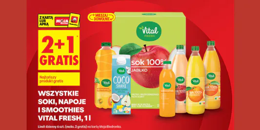 Biedronka: 2+1 GRATIS na soki, napoje, smoothies Vital Fresh 03.02.2026