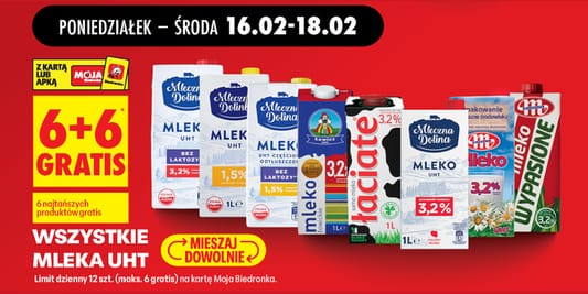 Biedronka: 6+6 GRATIS na wszystkie mleka UHT 16.02.2026