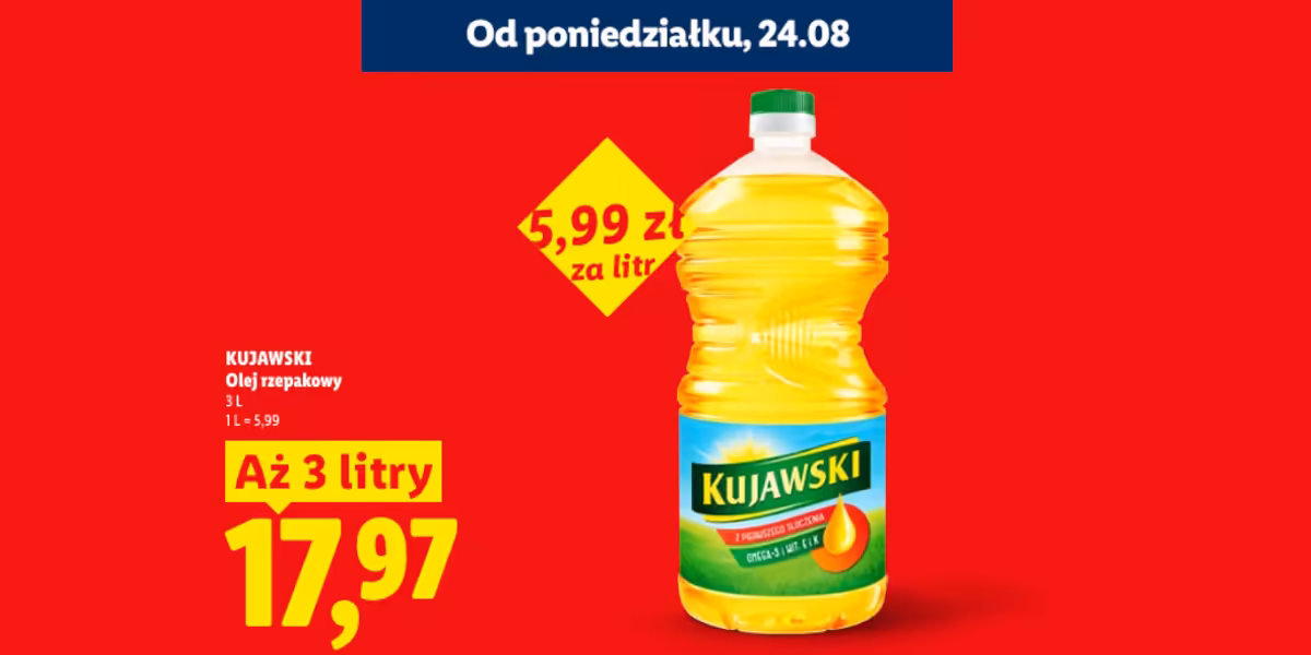 Lidl: 17,97 zł za olej rzepakowy Kujawski, 3 l