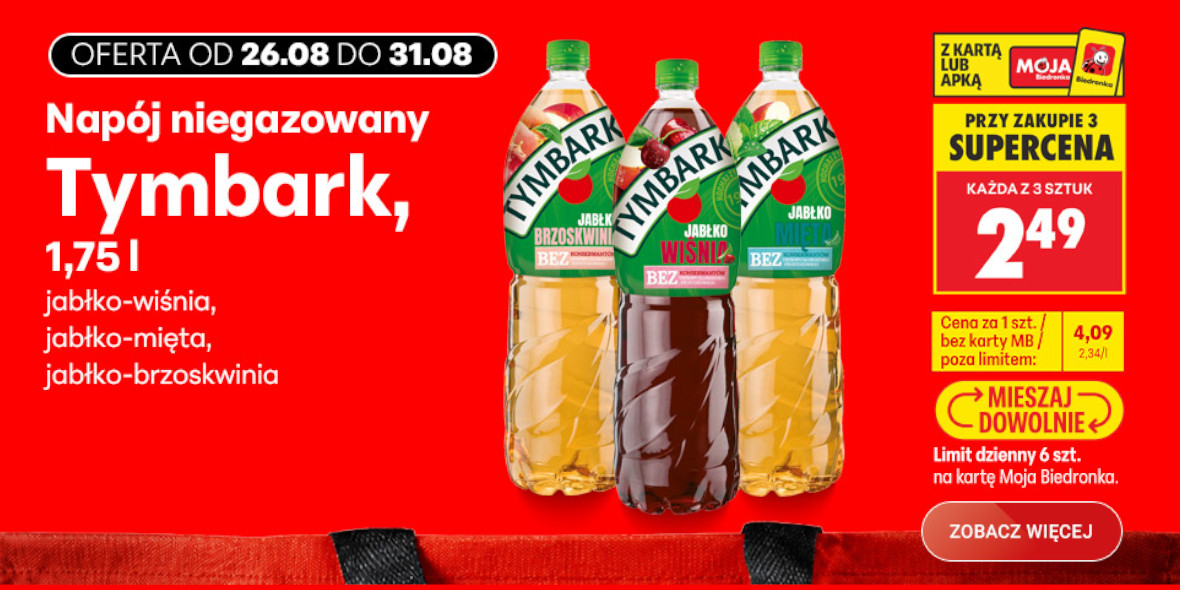 Biedronka: 2,49 zł za napój niegazowany Tymbark 26.08.2026