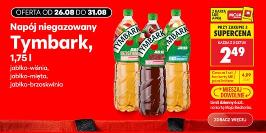 Biedronka: 2,49 zł za napój niegazowany Tymbark 26.08.2026