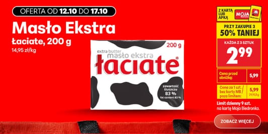 Biedronka: -50% na masło ekstra Łaciate 12.10.2026
