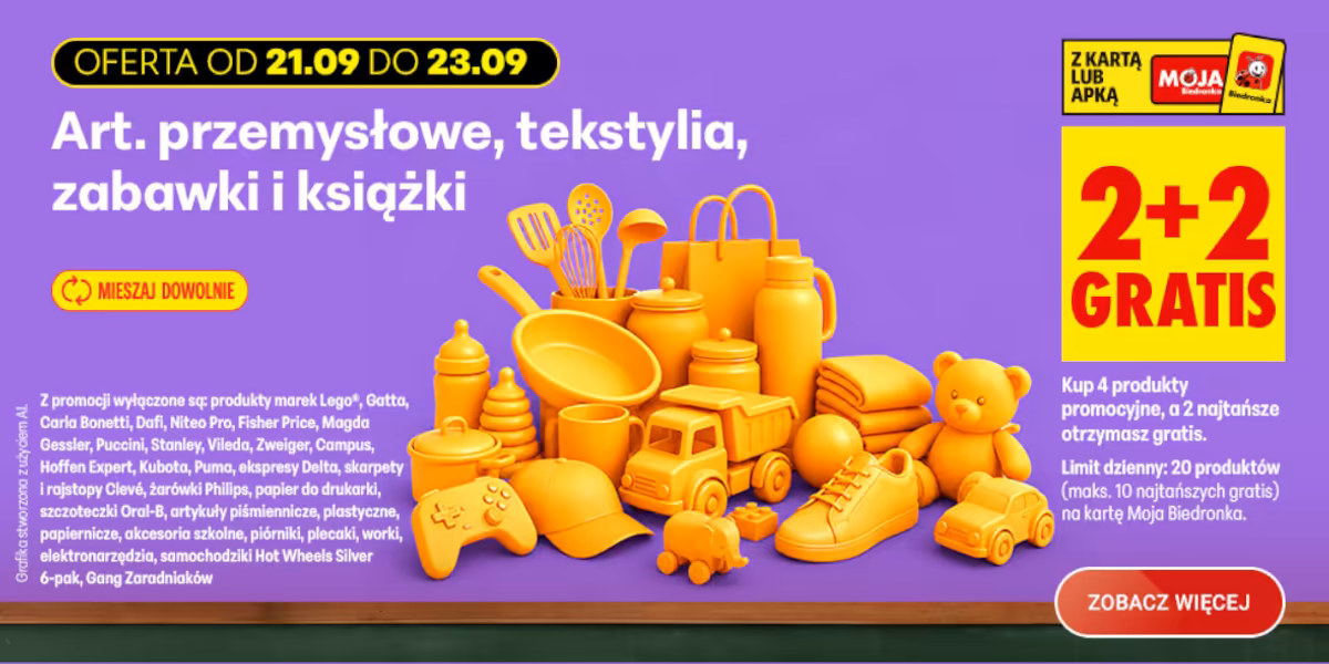 Biedronka: 2+2 GRATIS na art.przemysłowe, tekstylia, książki i zabawki