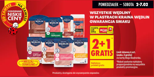 Biedronka: 2+1 GRATIS na wszystkie wędliny w plastrach Kraina Wędlin 02.02.2026