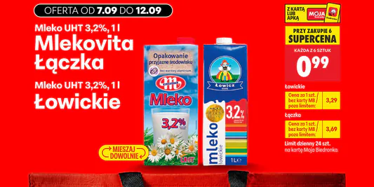 Biedronka: 0,99 zł za Mleko UHT 3,2% Mlekovita Łączka oraz Łowickie 07.09.2026