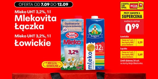 Biedronka: 0,99 zł za Mleko UHT 3,2% Mlekovita Łączka oraz Łowickie 07.09.2026
