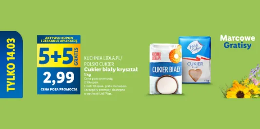 Lidl: KUPON 5 + 5 GRATIS na cukier biały 14.03.2025