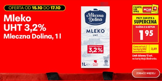 Biedronka: SUPERCENA na mleko Mleczna Dolina UHT 3,2% 15.10.2026