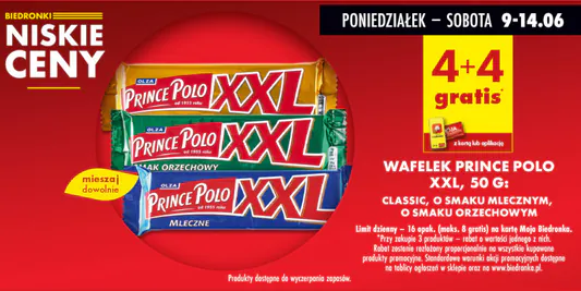 Biedronka: 4+4 GRATIS na wafelek Prince Polo XXL 09.06.2025