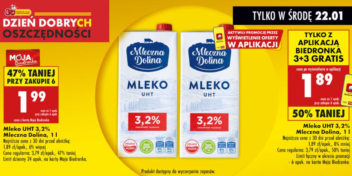 Biedronka: Do -50% na mleko UHT 3,2% Mleczna Dolina 22.01.2025