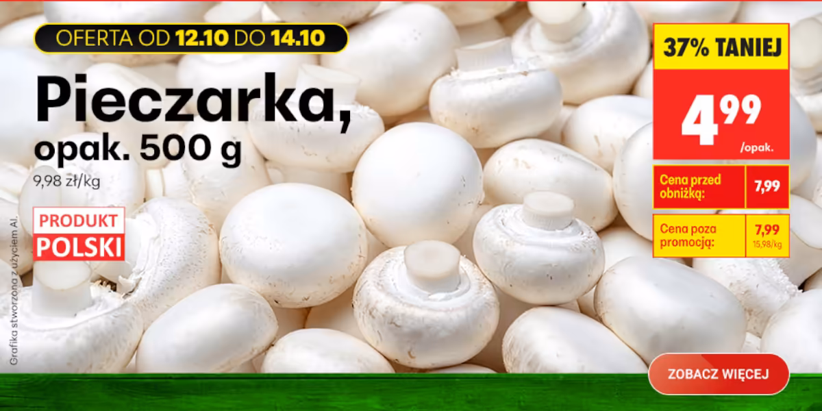 Biedronka: -37% na pieczarki, opak. 500 g