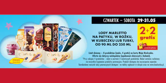 Biedronka: 2+2 GRATIS na lody Marletto na patyku, w rożku, w kubeczku 29.05.2025