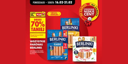 Biedronka: -70% na wszystkie parówki Berlinki 16.02.2026