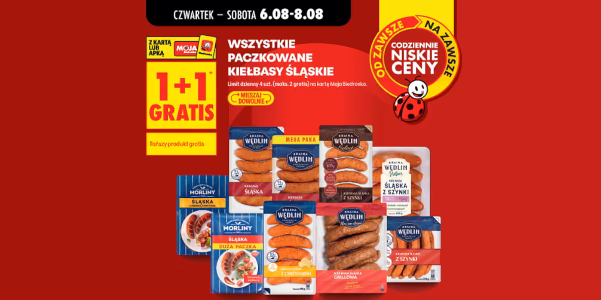 Biedronka: 1+1 GRATIS na wszystkie paczkowane kiełbasy śłąskie
