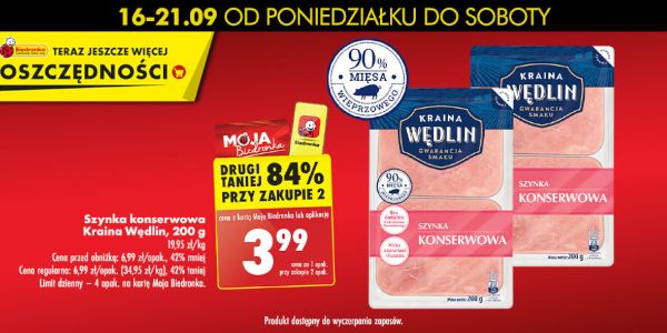 Biedronka: -84% na szynkę konserwową Kraina Wędlin 17.09.2024