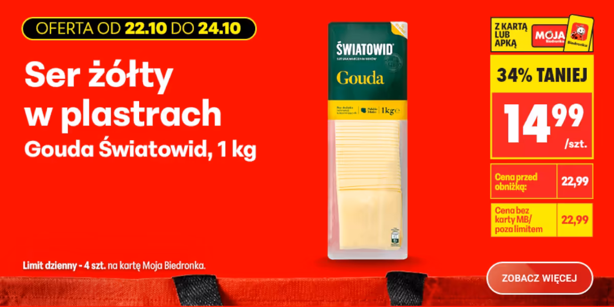 Biedronka: -34% na ser żółty Gouda w plastrach Światowid, 1 kg