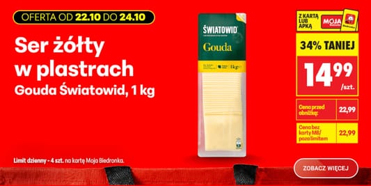 Biedronka: -34% na ser żółty Gouda w plastrach Światowid, 1 kg 22.10.2026