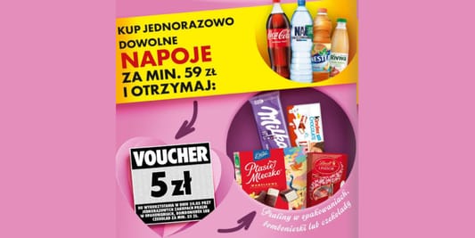 Biedronka: Voucher 5 zł na następne zakupy przy zakupie napoi 16.05.2025