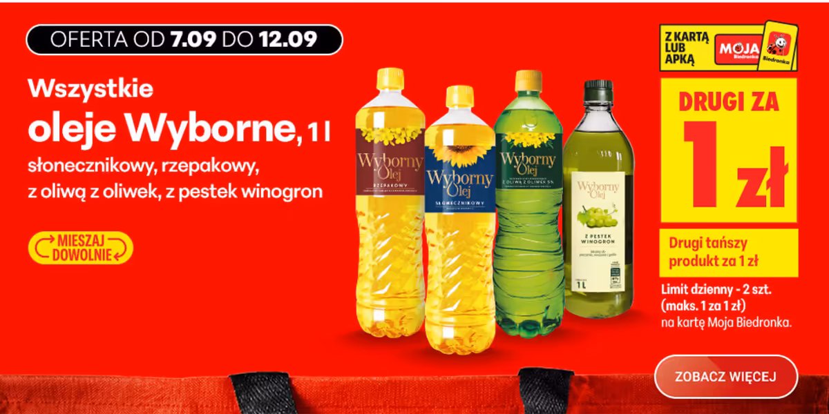 Biedronka: 1 zł za olej Wyborny, 1L - drugi tańszy produkt