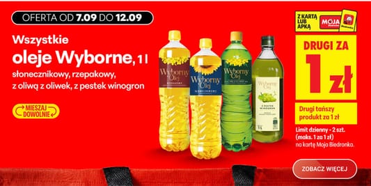 Biedronka: 1 zł za olej Wyborny, 1L - drugi tańszy produkt 07.09.2026