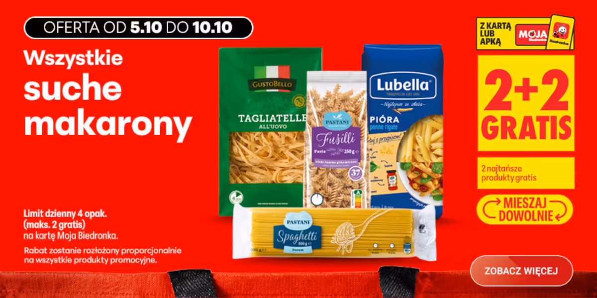Biedronka: 2+2 GRATIS na wszystkie suche makarony