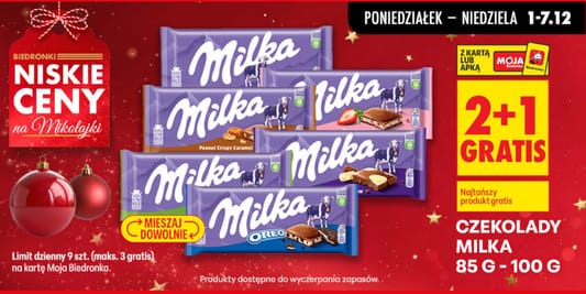 Biedronka: 2+1 GRATIS na wszystkie czekolady Milka, 85 g-100 g 01.12.2025