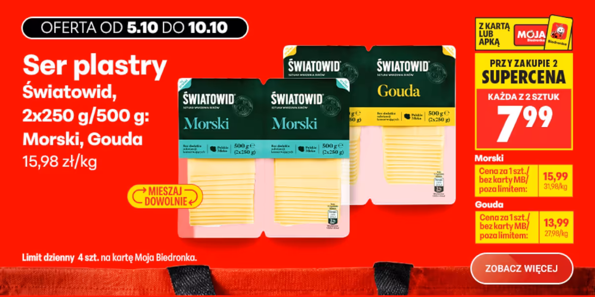 Biedronka: SUPERCENA na ser w plastrach Światowid, 2x250 g/500 g