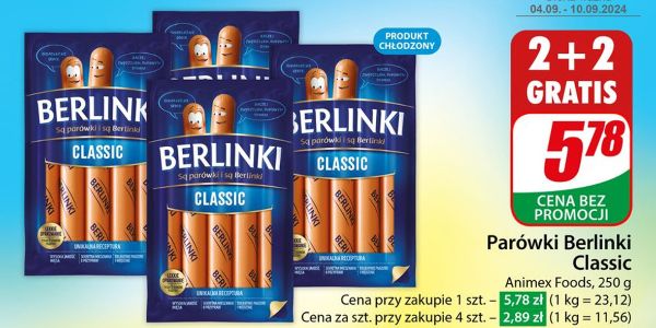 Dino: 2+2 GRATIS na parówki Berlinki 04.09.2024