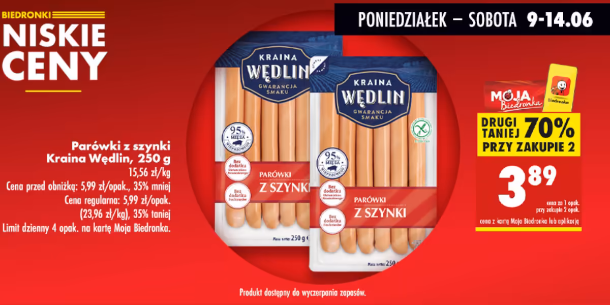 Biedronka: -70% na parówki z szynki Kraina Wędlin