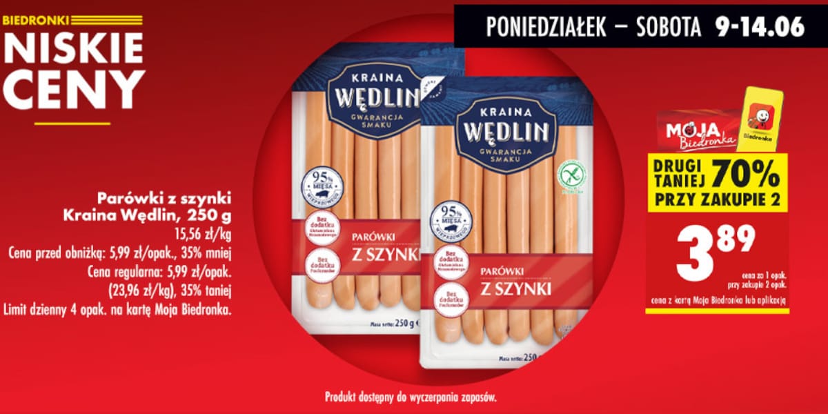 Biedronka: -70% na parówki z szynki Kraina Wędlin
