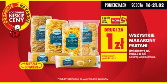 Biedronka: 1 zł za drugie opakowanie makaronu Pastani 16.02.2026