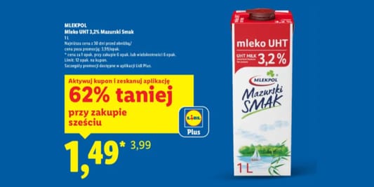 Lidl: KUPON -62% na mleko UHT 3,2% 16.03.2026