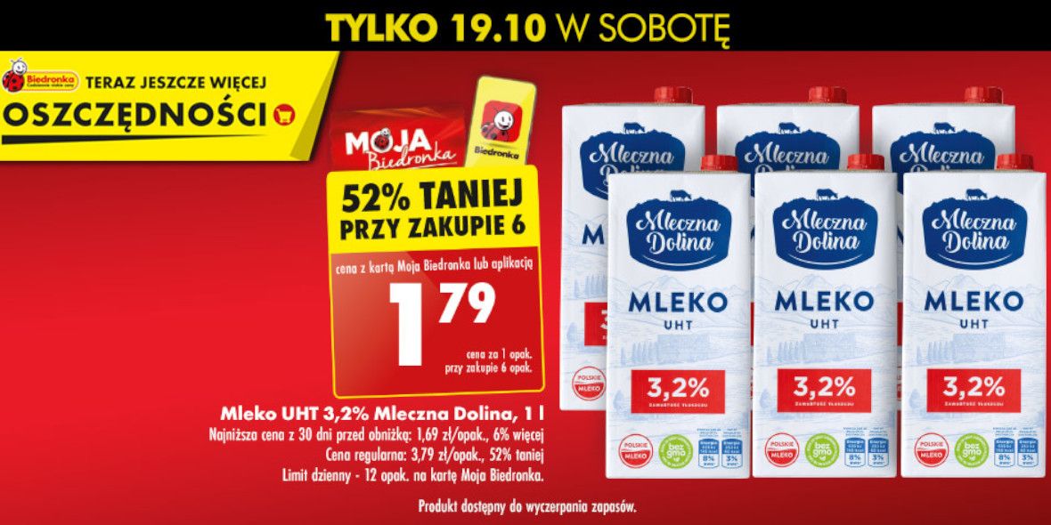 Biedronka: -52% na mleko UHT 3,2% Mleczna Dolina 17.10.2024