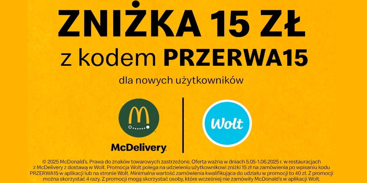 Wolt: KOD rabatowy -15 zł na Twoje pierwsze zamówienie 05.05.2025