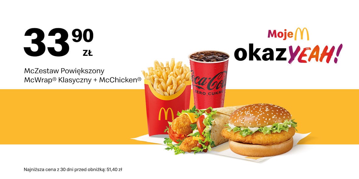 McDonald's: 33,90 zł McZestaw Powiększony McWrap® + McChicken® 05.05.2025