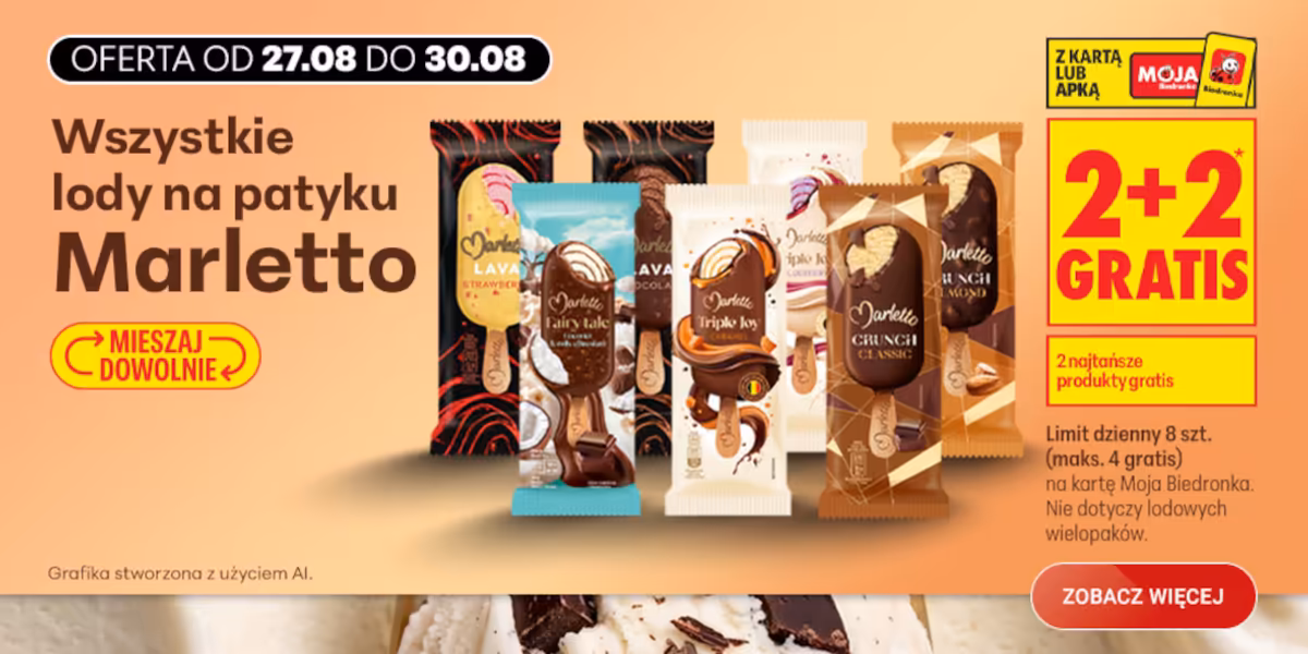 Biedronka: 2+2 GRATIS na lody na patyku Marletto