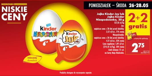 Biedronka: 2+2 GRATIS na jajko Kinder Niespodzianka lub Kinder Joy 26.05.2025