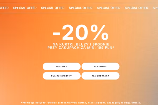 : KOD rabatowy -20% na kurtki, bluzy i spodnie